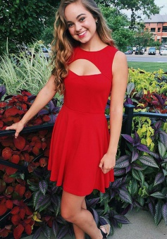 A-Line Round Neck Keyhole Short Red Elastic Satin Homecoming Dress