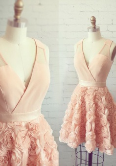 A-Line V-Neck Pearl Pink Short Tulle Homecoming Dress with Flowers