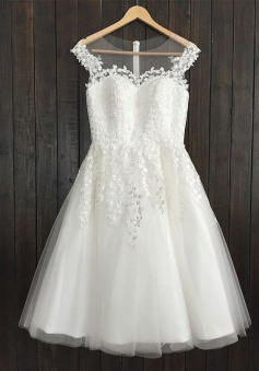 A-Line Illusion Jewel Short White Tulle Homecoming Dress with Appliques