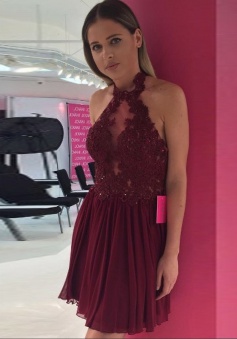 A-Line Halter Backless Short Maroon Chiffon Homecoming Dress with Appliques
