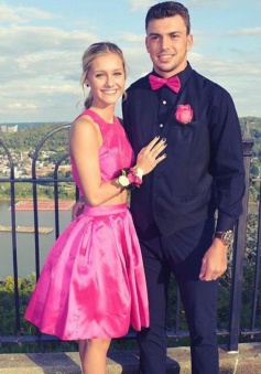 Two Piece Round Neck Open Back Fuchsia Satin Homecoming Dress