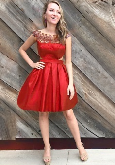 A-Line Bateau Cap Sleeves Red Satin Homecoming Dress with Lace Cut Out
