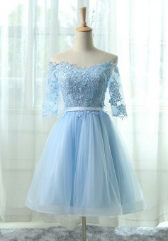 A-Line Off-the-Shoulder Half Sleeves Blue Tulle Homecoming Dress with Appliques