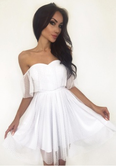 A-Line Off-the-Shoulder Short White Tulle Homecoming Dress with Ruffles