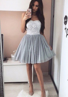 A-Line Sweetheart Short Grey Tulle Homecoming Dress with Appliques