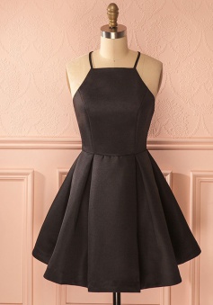 A-Line Square Neck Short Satin Black Homecoming Dress with Pleats