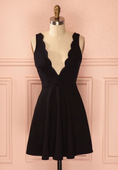 A-Line Deep V-Neck Satin Little Black Dress