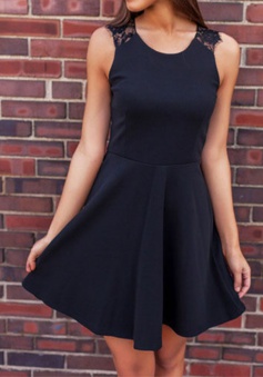 A-Line Jewel Elastic Satin Little Black Dress with Lace