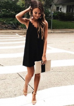 A-Line Spaghetti Straps Chiffon Little Black Dress with Lace