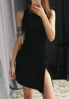 Bodycon Jewel Spandex Little Black Dress with Split