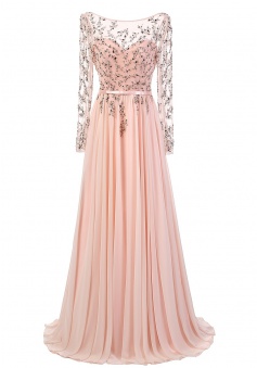 Elegant A-Line Boat Neck Long Sleeves Beading Pink Chiffon Evening Party Dress