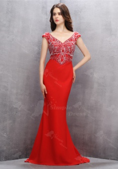 Elegant V-neck Cap Sleeves Sweep Train Red Mermaid Prom Dress with Sequins