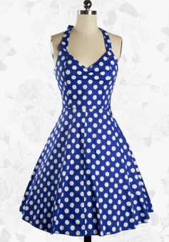 Women Rockabilly 50s Vintage Polka Dots Blue Swing Party Cocktail Dress