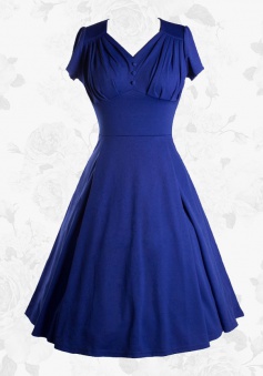 Vintage 50s 60s V-Neck Short Sleeves Blue Swing Cocktail Party Dress