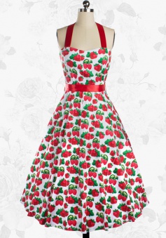 Retro Halter 50s Red Strawberry Print Swing Cocktail Party Dress With Sash