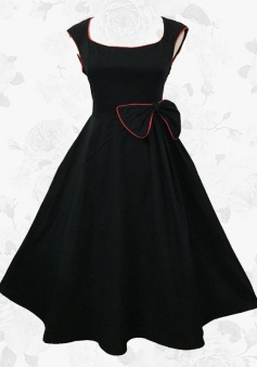 Black Retro 50s Cap Sleeves Swing Cocktail Party Dress With Bow