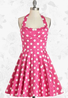 Pink Wommen's Retro 50s 60s Halter Polka Dots Swing Party Cocktail Dress