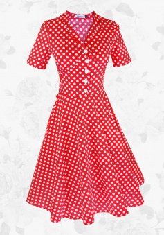 Red Vintage 50s 60s Polka Dot Short Sleeves Midi Rockabilly Party Swing Dress