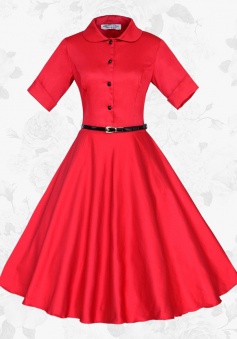 Red Vintage Lapel Short Sleeves 50s 60s Party Swing Long Women Dress With Belt