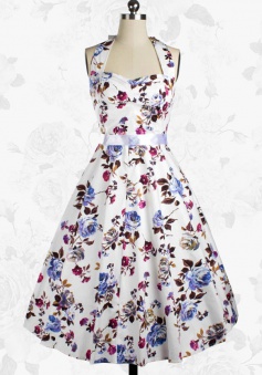 Charming Vintage 50s Halter Floral Printed Swing Party Dress With Bowknot