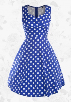 Women's Blue Retro Style Sweetheart Sleeveless Polka Dot Party Swing Dress