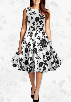 Women Black And White Flowers Retro 50s Rockabilly Party Swing Dress