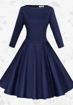 Navy Blue Round Neck Long Sleeves Retro 50s Waist Slim Party Swing Dress