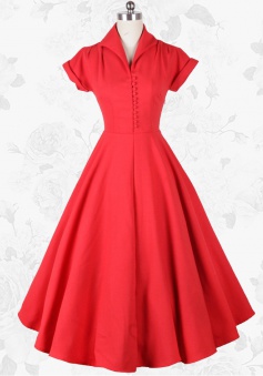 Red Vintage Style Lapel Short Sleeves 50s Waist Slim Swing Party Long Dress