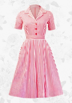 Women's Vintage Style 50s Lapel Striped Short Sleeves Swing Party Dress