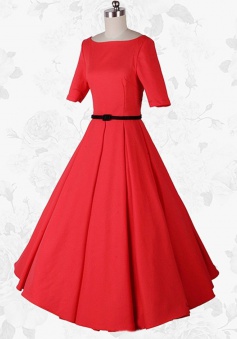 Women Vintage Scoop Short Sleeves 50s 60s Red Party Swing Long Dress