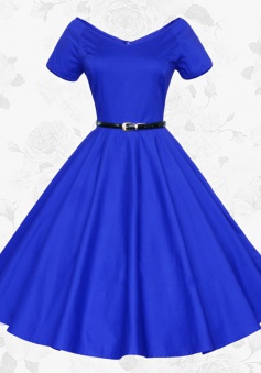 Women V-neck Short Sleeves Vintage 50s 60s Royal Blue Party Swing Dress With Belt