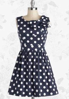 Blue Retro Scoop 50s White Polka Dots Party Swing Dress With Bowknot