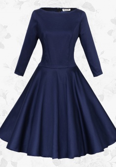 Women Vintage 50s Long Sleeve Round Neck Navy Blue Rockabilly Swing Party Dress