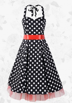 Black Vintage Halter 50s 60s White Polka Dots Swing Party Dress With Red Belt