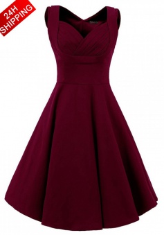 Women Vintage Style Square Neck Knee Length Burgundy Swing Party Dress