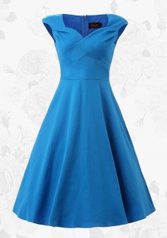 Women Vintage Style V-neck 50s Blue Swing Party Dress