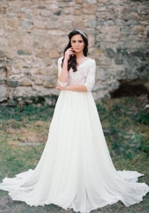 Short Sleeve V Neck Mermaid Wedding Dress With Nude Lace Bodice Dress