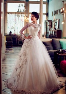 Beauty Sweetheart Appliqued Long Sleeve Puffy Princess Wedding Dresses