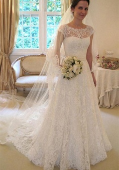Cap Sleeves Scoop Mermaid Ivory Zipper Back Long Lace Wedding Dress