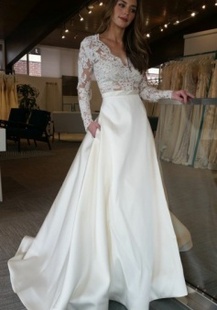 Deep V-Neck Appliques Pockets Long Sleeves Sweep Train A-Line Satin Wedding Dress