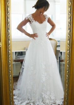 Appliques Cap Sleeves Square Court Train White Tulle Wedding Dress With Lace