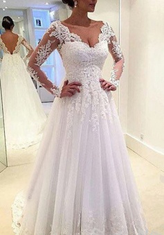 Long Sleeves Appliques Lace V Neck Open Back A-line Wedding Dress