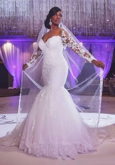 Sweetheart Sweep Train Long Sleeves Applique Trumpet/Mermaid Wedding Dresses