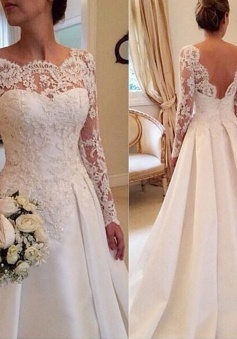 Long Sleeves Lace Court Train Scoop Satin Wedding Dresses