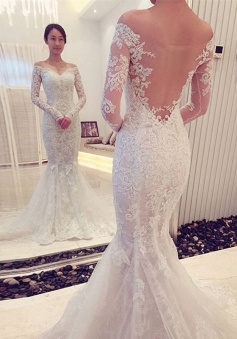 Off-the-Shoulder Long Sleeves Mermaid Lace Sweep Train Wedding Dresses