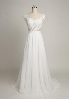 Cap Sleeves Sweep Train A-Line Chiffon Wedding Dress with Lace