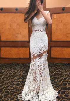 Appliques Scoop Backless Sheath Lace Wedding Dress