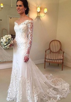 Off-the-shoulder Long Sleeve Lace Sheath V-neck Court-Train Wedding Dress