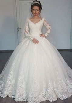 Long-Sleeves Lace Elegant Ball V-Neck Tulle Wedding Dress BA4209