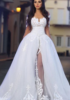 White A-Line Elegant 2018 Bride Dress Appliques Tulle Long Sleeves Wedding Dresss BA4426